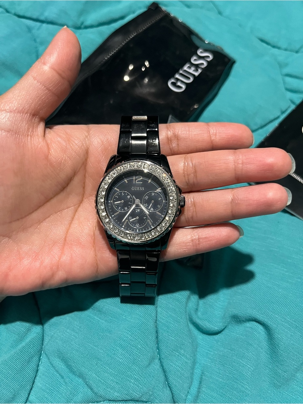 Guess Black Crystal Bezel Chronograph Watch